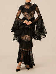 Lace Stand Neck Long Sleeve Patchwork Ruffles Maxi Dress