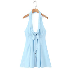 Blue Halter Bow Buttoned Mini Dress