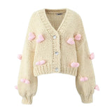 Beige Crochet 3D Pink Heart Cardigan