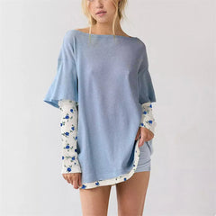Layered Floral Patchwork Boat Neck Long Sleeve Top