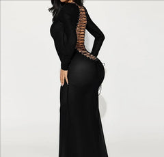 Black Long Sleeve Open Back Lace-up Maxi Dress