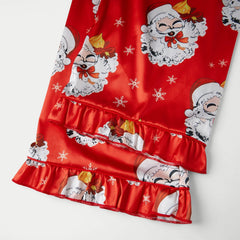 Satin Christmas Ruffle Trim Long Sleeve Shirt And Pants Pajama Set