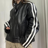 Black Faux Leather White Striped Jacket