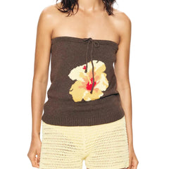 Brown Knitted Strapless Flower Tube Top
