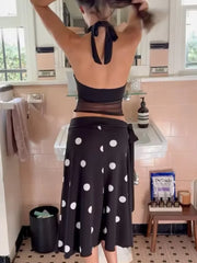Black Halter Mesh Top And Polka Dot Midi Skirt Set