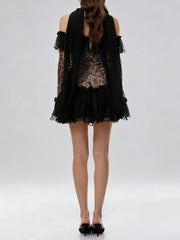 Black Lace  Lapel Neck Long Sleeve Mini Dress