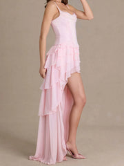 Pink Diamond Lace Up Corset Ruffle Tiered Midi Dress