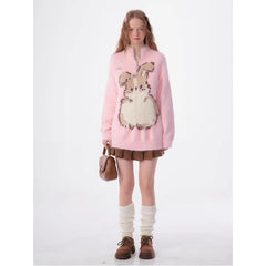 Pink High Neck Zipper Cartoon Graphic Knit Pullover
