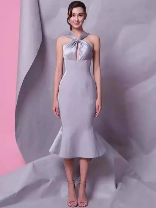 Purple Stain Wrap Around Halter Mermaid Hem Midi Dress