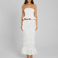White Ruched Strapless Crop Top And Maxi Skirt Set