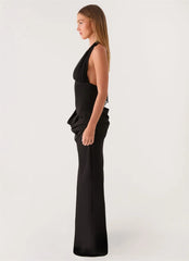 Halter Backless Tie Draped Waist Satin Maxi Dress
