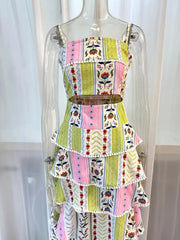 Floral Patchwork Pom Pom Trim Tiered Maxi Dress