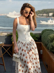 White Print Polka Dot Sleeveless Maxi Dress
