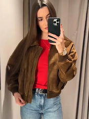 Brown Short Lapel Zipper Pocket Suede Jacket