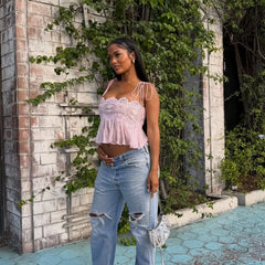 Lace Embroidered Square Neck Sheer Crop Top And Wide Pants Set