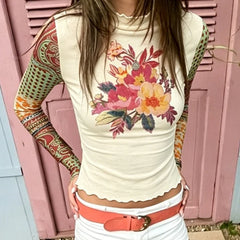Floral Print Patchwork Ruffle High Neck Top