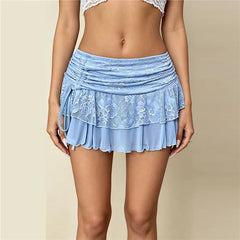 Floral Lace Ruffle Side Drawstring Mini Skirt