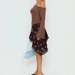 Brown Polka Dot Ruffle Asymmetrical Hem Midi Skirt