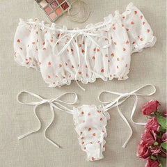 White Strawberry Print Mesh Off Shoulder Lingerie Set - Free From Label