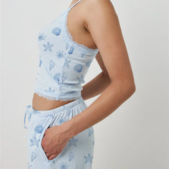 Blue Printed Strap Crop Top And Shorts Pajama Set