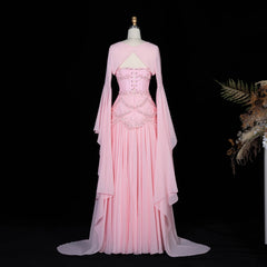Cape Sleeve Chiffon Tiered Petals Sequined Pearl Embellished Gown