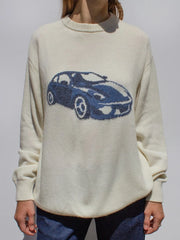 White Sports Car Print Knitted Pullover