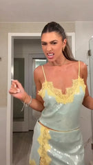 Sequin Lace Trim Camisole Top And Mini Skirt Set