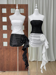 White And Black Sequin Patchwork Flower Draped Mini Dress