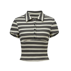 Ribbed Striped Collar Fitted Button T-Shirt