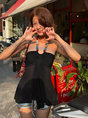 Beaded Halter Strap Mesh Top