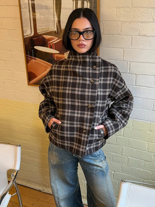 Plaid Asymmetric Button Stand Collar Jacket