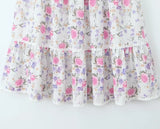  White Floral Print Elastic Waist Spliced Lace Ruched Long Skirts