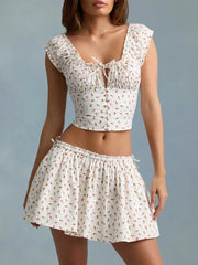 Ruched Sleeve Ctop Top And Mini Skirt Set