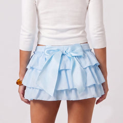 Layered Elastic High Waist Satin Bow Mini Skirt
