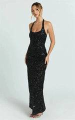 Halter 3D Floral Sequin Bodycon  Maxi Dress