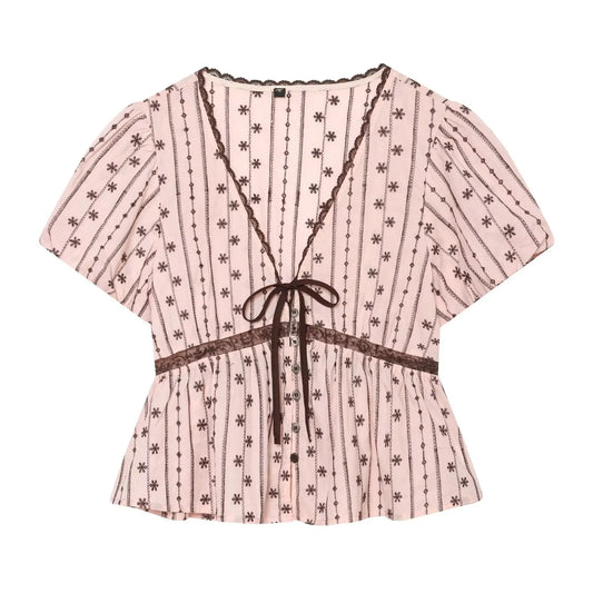 Pink Floral Stripe Lace Trim Short Sleeve Top And Mini Skirt Set