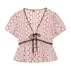 Pink Floral Stripe Lace Trim Short Sleeve Top And Mini Skirt Set