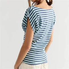 Striped Boat Neck Batwing Cap Sleeve Ruched Waist Top