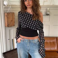 Off Shoulder Polka Dot Print Long Sleeve Top