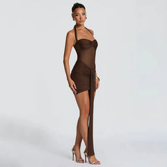 Mesh Patchwork Halter Bandage Wrap Bodycon Mini Dress
