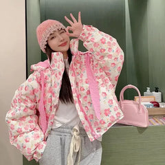 Pink Floral Puffer Jacket Free From Label