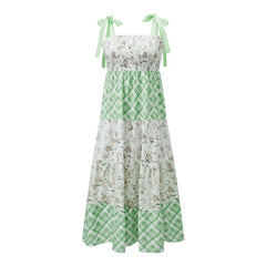 Strappy Tie-Up Smocked Printed Patchwork Maxi Dress