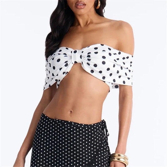 Polka Dot Off The Shoulder Front Twist Knot Bandeau Top