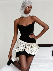Satin 3D Rose Sleeveless Patchwork Polka Dot Mini Dress