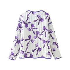 Purple Bow Print O-Collar Quilted Jacket