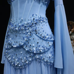 Cape Sleeve Chiffon Tiered Petals Sequined Pearl Embellished Gown