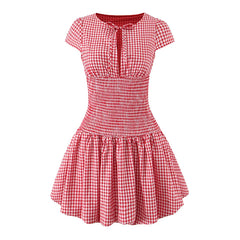 Red Plaid Smocked Puff Hem Mini Dress