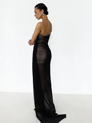 Black Mesh Spaghetti Strap Ruched Draped Maxi Dress