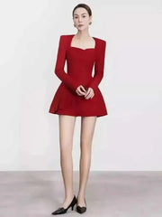 Red Square Collar Pleated Button Mini Dress