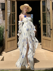 White Floral Print Flower Brooch Flowy Halter Maxi Dress